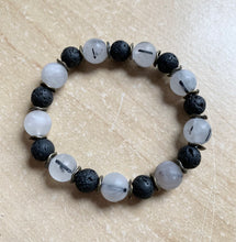 Load image into Gallery viewer, 7.4” Balancing Thoughts aromatherapy bracelet - matte black tourmalinated quartz with bronze accents and lava beads aromatherapy