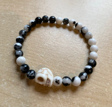 Load image into Gallery viewer, 6.9” Howlite Skull Bracelet- 6mm zebra jasper beads with hematite bead and howlite skull