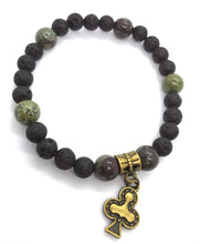Load image into Gallery viewer, 6.9" Clubs Stretchy Bracelet bronze charm - 8mm dragons blood crystal beads and 8mm lava beads aromatherapy