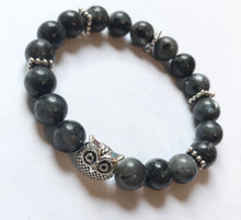 Load image into Gallery viewer, 6.75” Owl Intuition Bracelet- Larvikite black labradorite 8mm beads