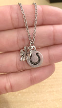 Load image into Gallery viewer, Luck with Luck Necklace- Stainless steel necklace with 4 leaf clover charm and circle horseshoe charm