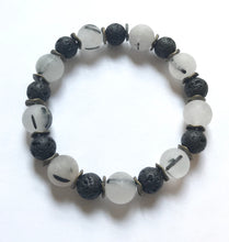 Load image into Gallery viewer, 7.4” Balancing Thoughts aromatherapy bracelet - matte black tourmalinated quartz with bronze accents and lava beads aromatherapy