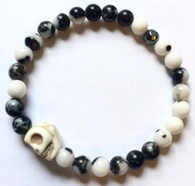 Load image into Gallery viewer, 6.9” Howlite Skull Bracelet- 6mm zebra jasper beads with hematite bead and howlite skull