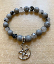 Load image into Gallery viewer, Mercury Pentacle Bracelet- black tourmalinated Quartz with silver druzy 8mm
