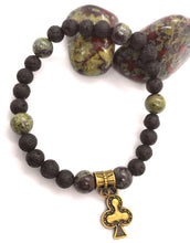 Load image into Gallery viewer, 6.9" Clubs Stretchy Bracelet bronze charm - 8mm dragons blood crystal beads and 8mm lava beads aromatherapy