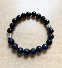 Load image into Gallery viewer, 6.9” Starry bracelet- Blue Sanstone and Rainbow Obsidian bracelet with antiqued silver accents