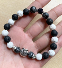 Load image into Gallery viewer, 7.5” Night Life Owl Bracelet- lava beads aromatherapy