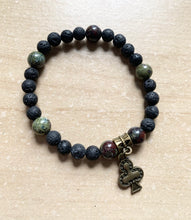 Load image into Gallery viewer, 6.9" Clubs Stretchy Bracelet bronze charm - 8mm dragons blood crystal beads and 8mm lava beads aromatherapy