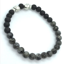 Load image into Gallery viewer, 7.6” Soulmate Bracelet - 2 skulls lava beads 6mm Larvikite