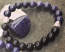 Load image into Gallery viewer, 6.9” Starry bracelet- Blue Sanstone and Rainbow Obsidian bracelet with antiqued silver accents