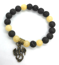 Load image into Gallery viewer, 6.8” Dragon Life stretchy Bracelet - lava beads aromatherapy yellow aventurine and bronze dragon charm