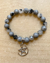 Load image into Gallery viewer, Mercury Pentacle Bracelet- black tourmalinated Quartz with silver druzy 8mm