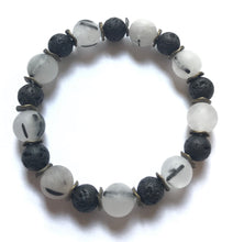 Load image into Gallery viewer, 7.4” Balancing Thoughts aromatherapy bracelet - matte black tourmalinated quartz with bronze accents and lava beads aromatherapy