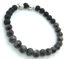 Load image into Gallery viewer, 7.6” Soulmate Bracelet - 2 skulls lava beads 6mm Larvikite