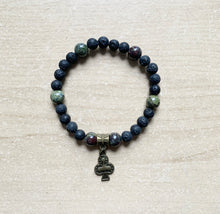 Load image into Gallery viewer, 6.9" Clubs Stretchy Bracelet bronze charm - 8mm dragons blood crystal beads and 8mm lava beads aromatherapy