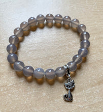 Load image into Gallery viewer, 7.1” Superstitious Bracelet - gray Quartz with silver cat charm