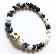Load image into Gallery viewer, 6.9” Howlite Skull Bracelet- 6mm zebra jasper beads with hematite bead and howlite skull