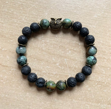 Load image into Gallery viewer, 6.9” bronze owl charm Stretchy Bracelet- lava beads and 8mm African jasper beads Aromatherapy bracelet