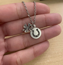 Load image into Gallery viewer, Luck with Luck Necklace- Stainless steel necklace with 4 leaf clover charm and circle horseshoe charm