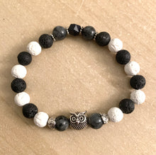 Load image into Gallery viewer, 7.5” Night Life Owl Bracelet- lava beads aromatherapy