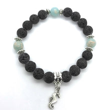 Load image into Gallery viewer, 7.1” Sea Quest Bracelet- seahorse charm with lava beads and sea sediment jasper