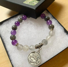 Load image into Gallery viewer, Pisces World Bracelet- Amethyst, Labradorite, and gray quartz