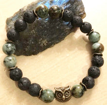 Load image into Gallery viewer, 6.9” bronze owl charm Stretchy Bracelet- lava beads and 8mm African jasper beads Aromatherapy bracelet