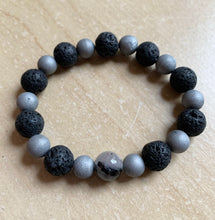 Load image into Gallery viewer, 7.1” Believe Bracelet- lava beads, metallic silver druzies, Tourmalinated Quartz *aromatherapy* only one left