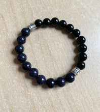 Load image into Gallery viewer, 6.9” Starry bracelet- Blue Sanstone and Rainbow Obsidian bracelet with antiqued silver accents