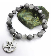 Load image into Gallery viewer, Mercury Pentacle Bracelet- black tourmalinated Quartz with silver druzy 8mm