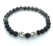 Load image into Gallery viewer, 7.6” Soulmate Bracelet - 2 skulls lava beads 6mm Larvikite