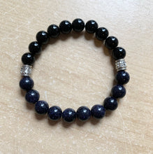 Load image into Gallery viewer, 6.9” Starry bracelet- Blue Sanstone and Rainbow Obsidian bracelet with antiqued silver accents
