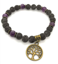 Load image into Gallery viewer, 7.9” Amethyst crystal beads with bronze Tree of Life charm Bracelet - Aromatherapy lava beads LIMITED *ONE LEFT*