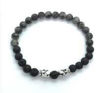 Load image into Gallery viewer, 7.6” Soulmate Bracelet - 2 skulls lava beads 6mm Larvikite