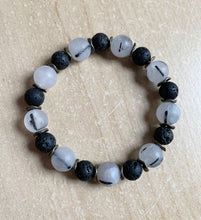 Load image into Gallery viewer, 7.4” Balancing Thoughts aromatherapy bracelet - matte black tourmalinated quartz with bronze accents and lava beads aromatherapy