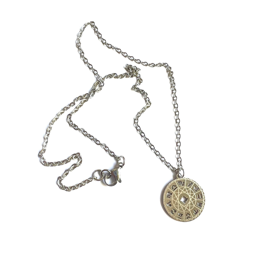 Zodiac Astrology Stainless Steel Wheel Charm necklace with Stainless Steel chain and lobster clasp