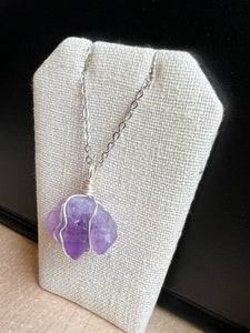 Handmade Wire wrapped raw Amethyst crystal with stainless steel chain 16” or 18” necklace
