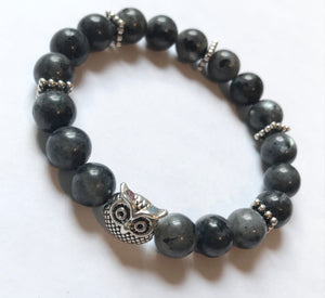 6.75” Owl Intuition Bracelet- Larvikite black labradorite 8mm beads