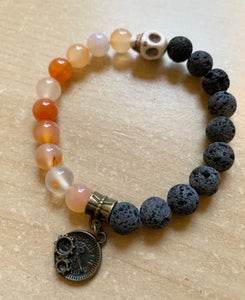 7.3” Carnelian crystal Time charm Bracelet- Carnelian and lava beads aromatherapy bracelet