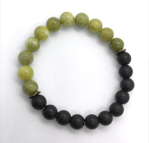 7.3” Heart Chakra Bracelet - Jade crystal 8mm beads with Black Matte Agate and bronze accents