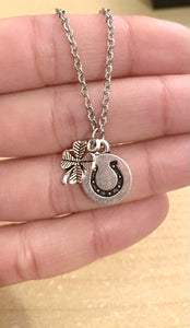 Luck with Luck Necklace- Stainless steel necklace with 4 leaf clover charm and circle horseshoe charm