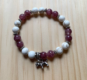 7.3” Bulldog Life bracelet-howlite and red aventurine with silver accents and bulldog charm
