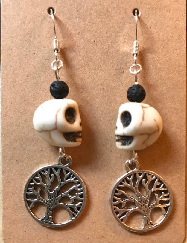 Howlite Skulls and Tree of Life Vibes- aromatherapy therapy lava bead earrings