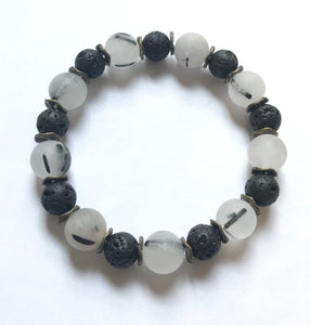 7.4” Balancing Thoughts aromatherapy bracelet - matte black tourmalinated quartz with bronze accents and lava beads aromatherapy