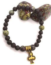 Load image into Gallery viewer, 6.9&quot; Clubs Bracelet bronze charm - 8mm dragons blood crystal beads and 8mm lava beads aromatherapy

