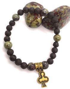 6.9" Clubs Bracelet bronze charm - 8mm dragons blood crystal beads and 8mm lava beads aromatherapy