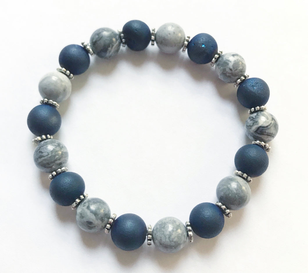 6.6” Gray Mapstone and blue druzy Bracelet **only one left**