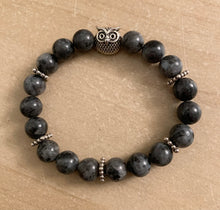 Load image into Gallery viewer, 6.75” Owl Intuition Bracelet- Larvikite black labradorite 8mm beads
