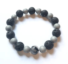 Load image into Gallery viewer, 7.1” Believe Bracelet- lava beads, metallic silver druzies, Tourmalinated Quartz *aromatherapy* only one left

