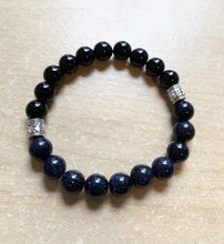 Load image into Gallery viewer, 6.9” Starry bracelet- Blue Sanstone and Rainbow Obsidian bracelet with antiqued silver accents
